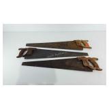 Three 26" hand saws with wooden handles