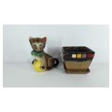 Ceramic planters, cat with yarn 8" tall, and 5"