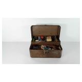 Metal tackle box, with fishing line, bobbers,