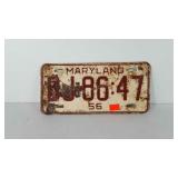 Maryland license plate, 1956