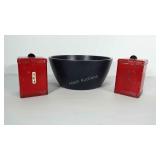 2 Kreamer metal canisters and navy blue wooden