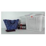 Mixed lot: laundry basket, blue tote, makeup bag