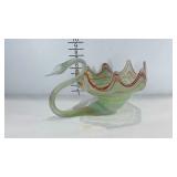 Green pulled glass swan bowl, 12" long, 7.5" tall