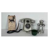 Mixed lot: landline telephone,  metal cat sign,