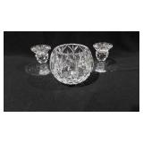 Crystal glass rose bowl vase and pair of glass