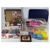 Crafting group, ribbon, buttons, cross stitch