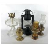 Oil lamps and a lantern, lantern is No. 505 Globe