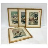 Four Asian styled painted fabric pictures,