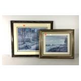 Signed impressionist style prints, lakeside scene