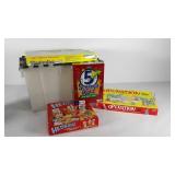 Games in tote with interlocking lid, games have