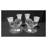 Pair of double holder clear glass candleholders
