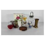 Decor group, wastebasket, large Mason jar, brass
