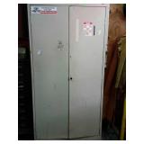 Metal double door shop cabinet with shelves, has