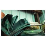 Group lot of vinyl and canvas tarps, plus fuzzy