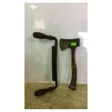 Vintage tools, hatchet, and carpenters draw knife