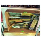 Box flat of misc tools, pliers, rule, drivers,