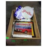 Wooden box with various car related calendars,