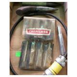 Tool lot, 4 pc craftsman wood chisel set, drill