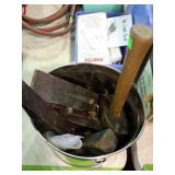 Bucket with shop hammer, and three wood wedges