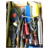 Box flat misc wood chisels, chalk line, puller,