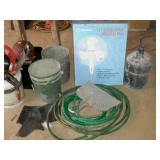 Group lot, water hose, fan, saw, new hardware