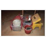 Group lot, tool caddy step, nails, rope, totes,
