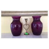 Two amethyst vases and one candlestick holder