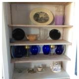 Shelf contents, colbolt blue glass vases, tea