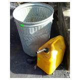 Galvanized trash can, 5 gallon fuel can and funnel