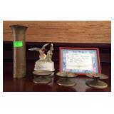 Group lot;  Candle holders, poem, vase, bird