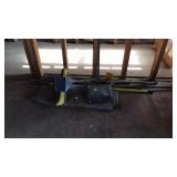 Group lot, brown poly tarp, dust pan, push broom,