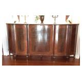 Mahogany white marble top sideboard, brass trim,