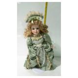 16" porcelain doll in green Victorian dress with
