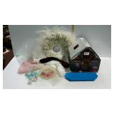 Doll accessories lot - fur stolls, hats, tea set,