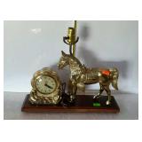 Brass horse clock table lamp combo piece - no