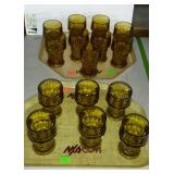 Amber honeycomb pattern glasses - six 5" and nine