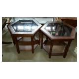 End tables - pair of hexagonal shaped with glass