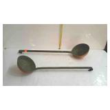 Two copper ladles with iron handles - 21" & 24"