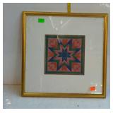 Quilt patch, signed, framed & double matted -17"