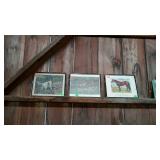 Three framed pictures, bird dog, horse, and birds