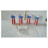 Glass - four patriotic tumblers, and one 6" Pyrex
