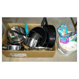 Kitchenware, box & bucket lot - pots, pans,