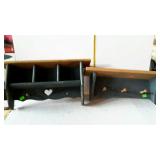 Two wall shelves with coat pegs, blue & natural -