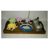 Group - wood serving tray, two small aluminum