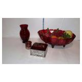 Red glassware lot, bowl with artificial fruit,