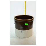 Two gallon brown over white crock