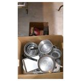 Misc - two box lots, pots, pans, wind chimes,