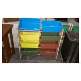 Kids book shelf, with plastic storage containers