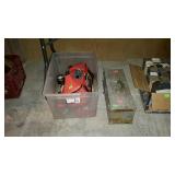 Tool box with hammer and a tote with misc times