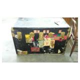 Flat top trunk, metal wrapped with brass corner